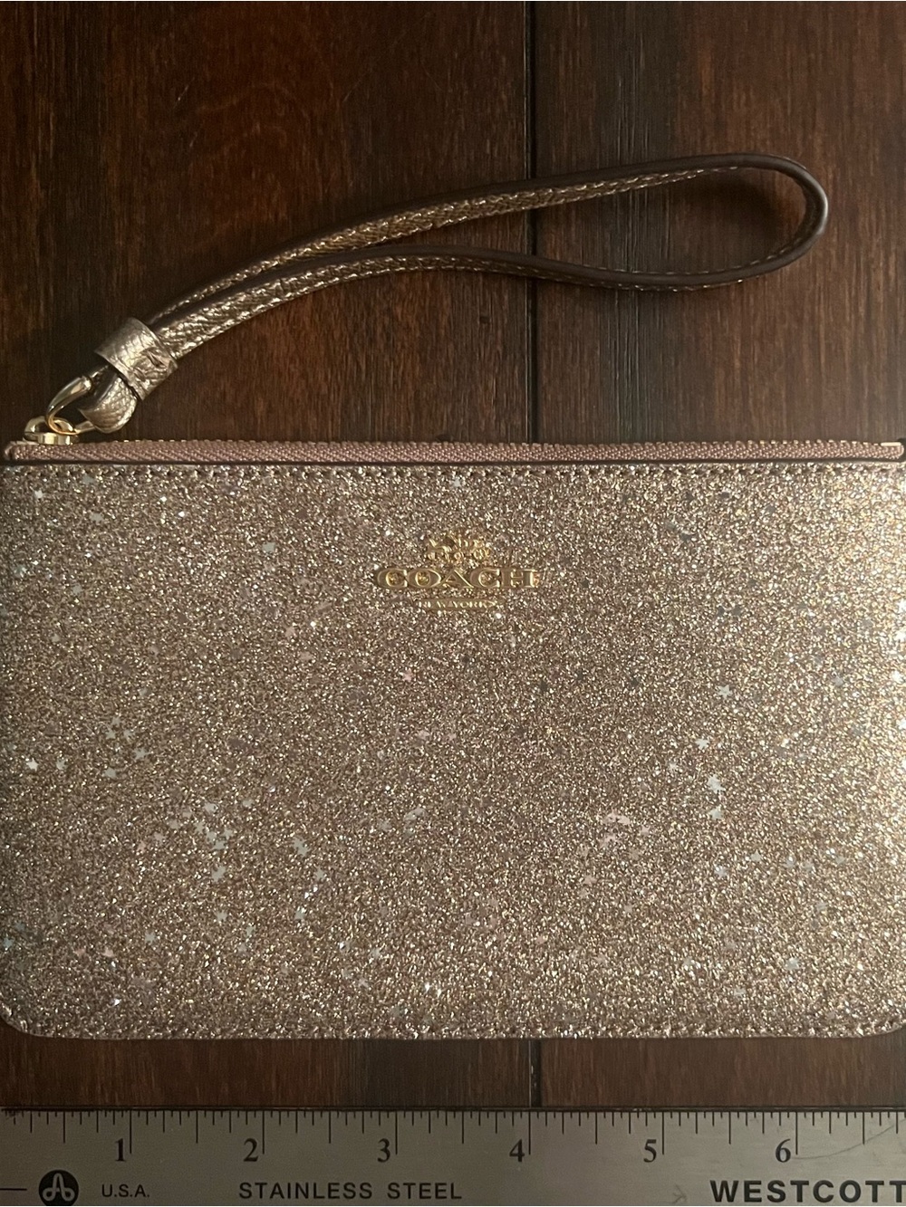 Coach Metallic Gold Glitter Wristlet with Gold Hardware
